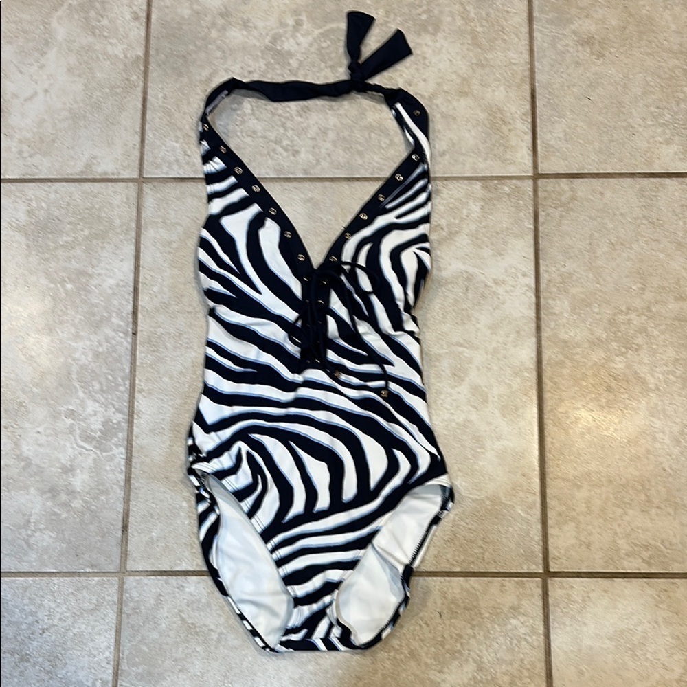 Michael Kors Navy Zebra Lace Up Halter One-Piece Swimsuit 10 Bathing Suit